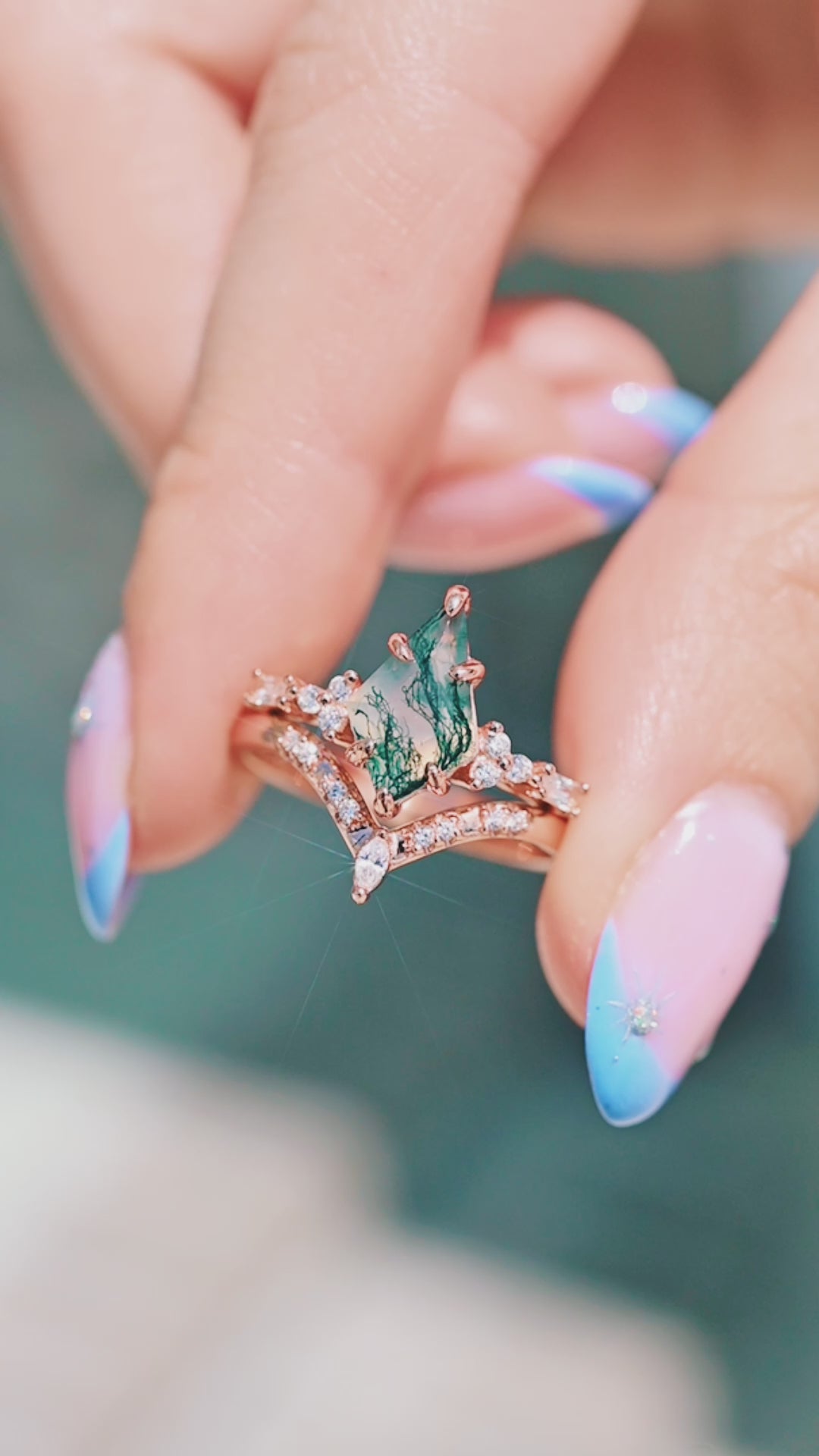 Kite Green Moss Agate Ring Set- 14K Rose Gold Vermeil