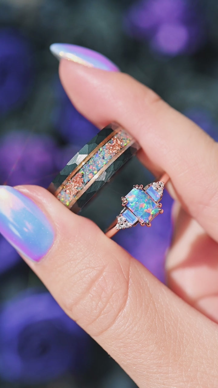 Light Blue Fire Opal & Opalescent Sapphire Couples Ring