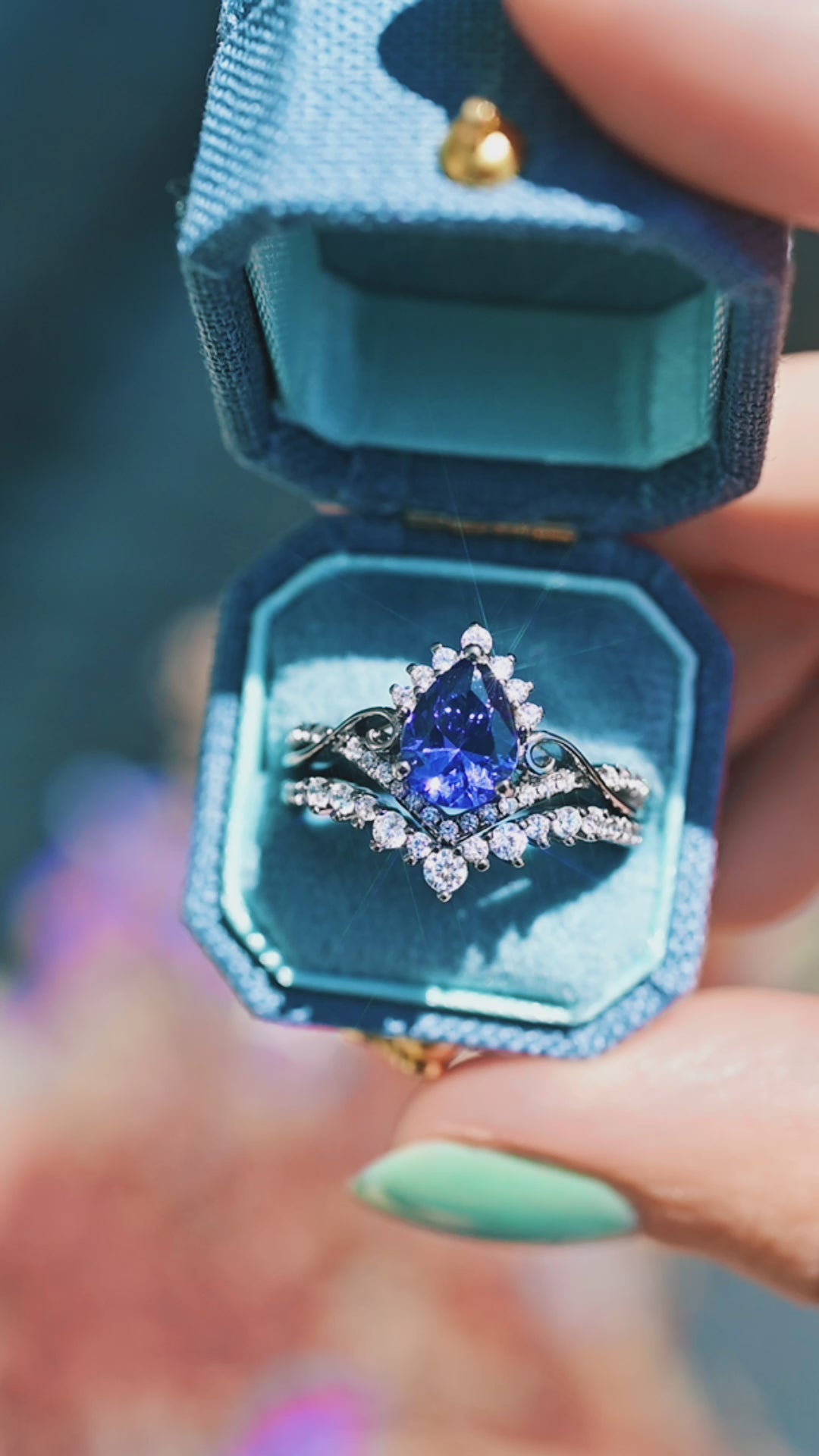 Faye Cornflower Sapphire Engagement Ring Set in Black Ruthenium