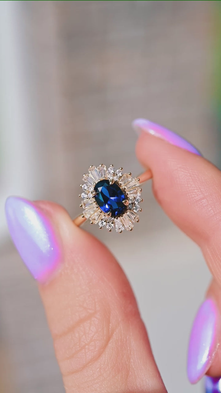 Victoria Blue Sapphire Engagement Ring in 14K Solid Yellow Gold