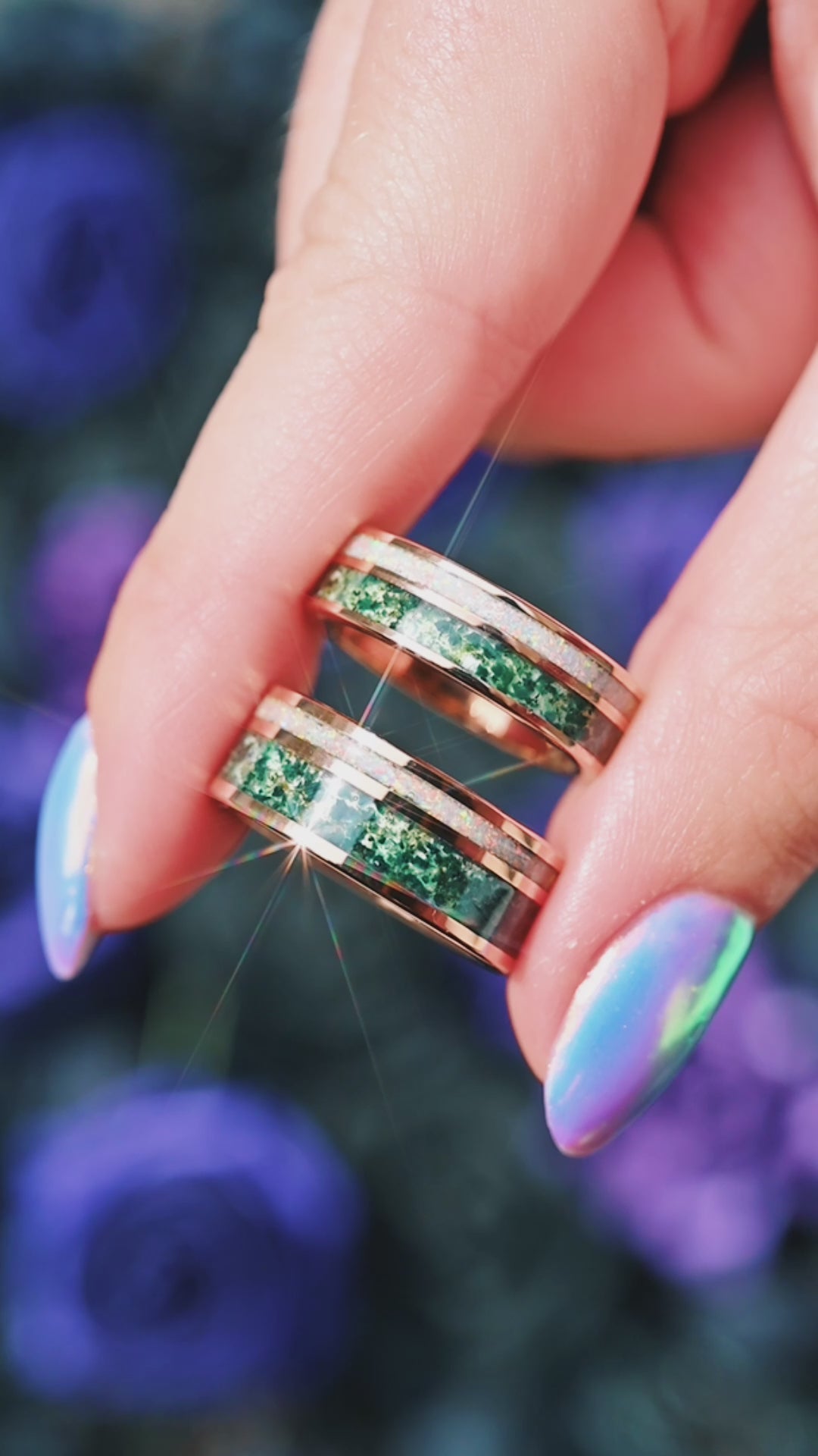 Moss Agate & Fire Opal Wedding Band- 8MM Rose Gold Tungsten