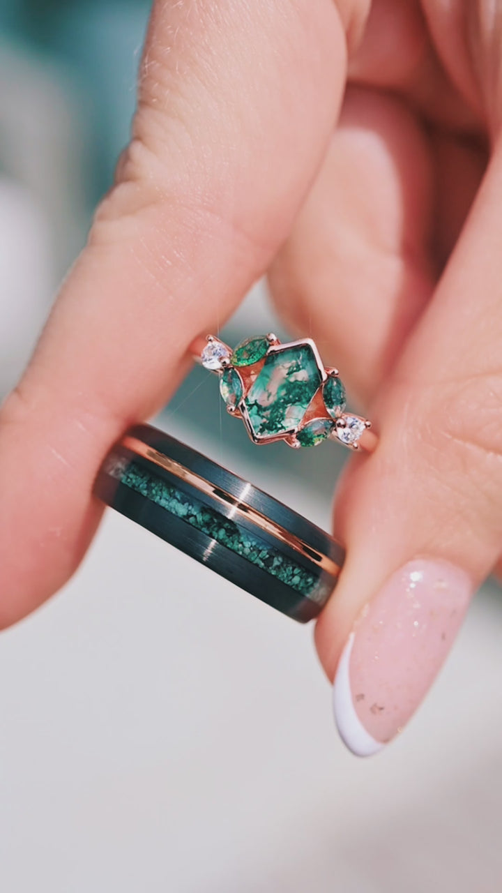 Moss Agate Wedding Band- 8MM Black & Rose Gold Tungsten