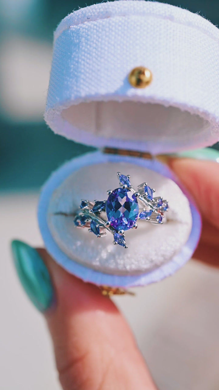 Alexandrite & Cornflower Sapphire Fairy Leaf Ring in Sterling Silver