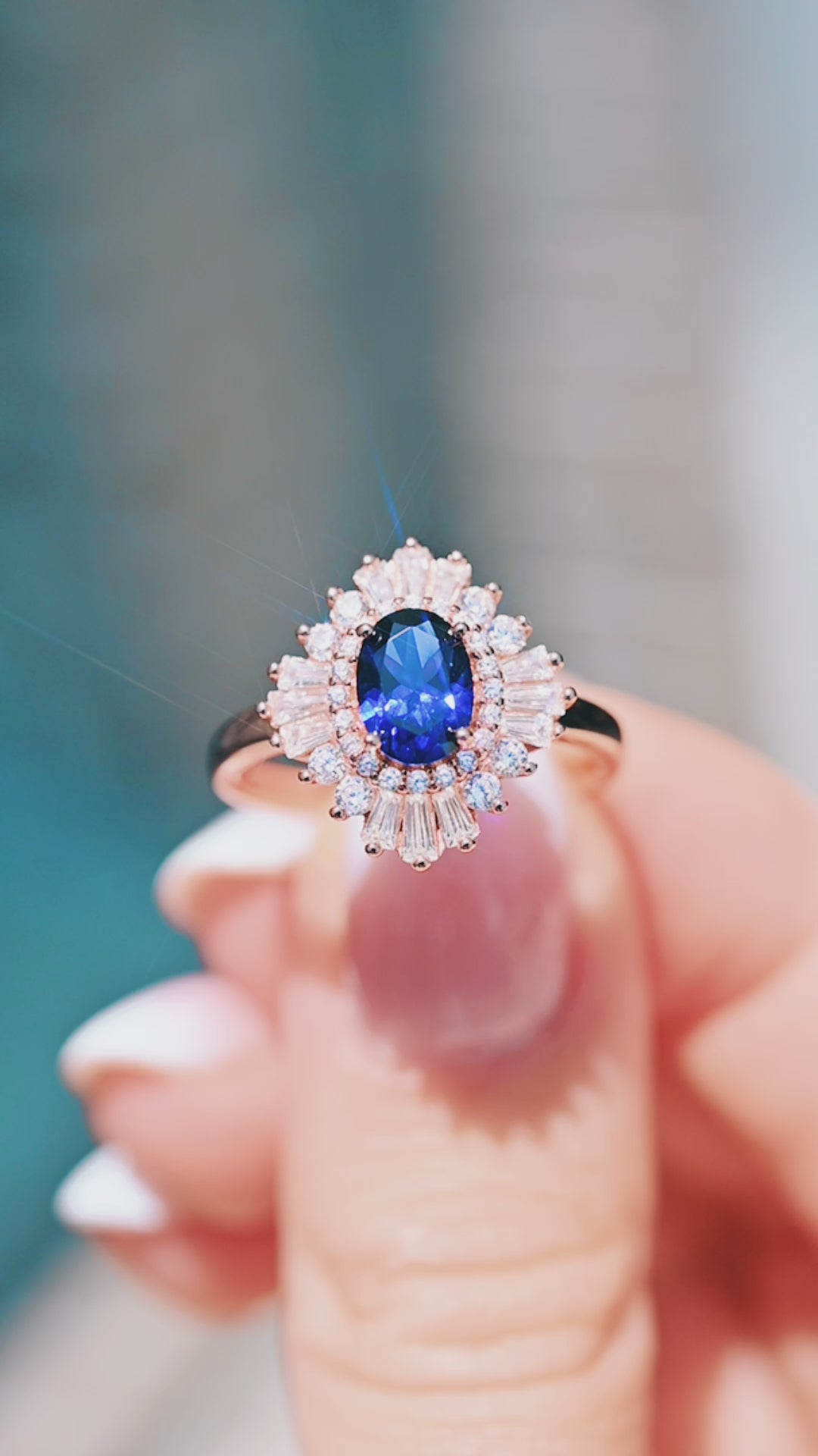 Victoria Oval Cut Blue Sapphire Engagement Ring in 14K Solid Rose Gold