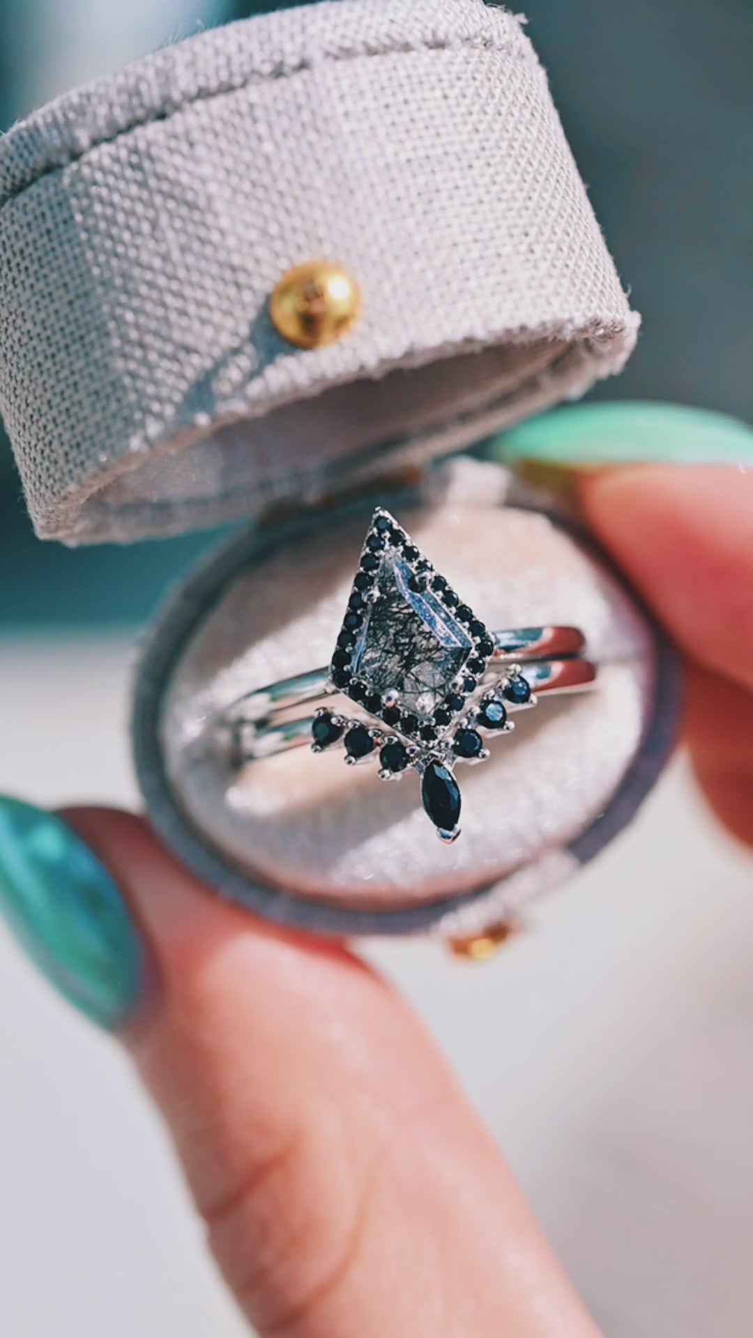 Rutilated Quartz & Black Onyx Ring Set- 14K White Gold