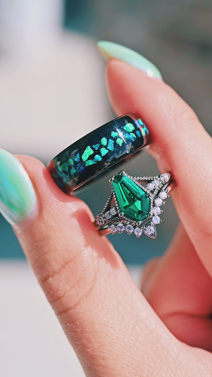 Green Fire Opal & Starry Night Wedding Band- 8MM Black Tungsten