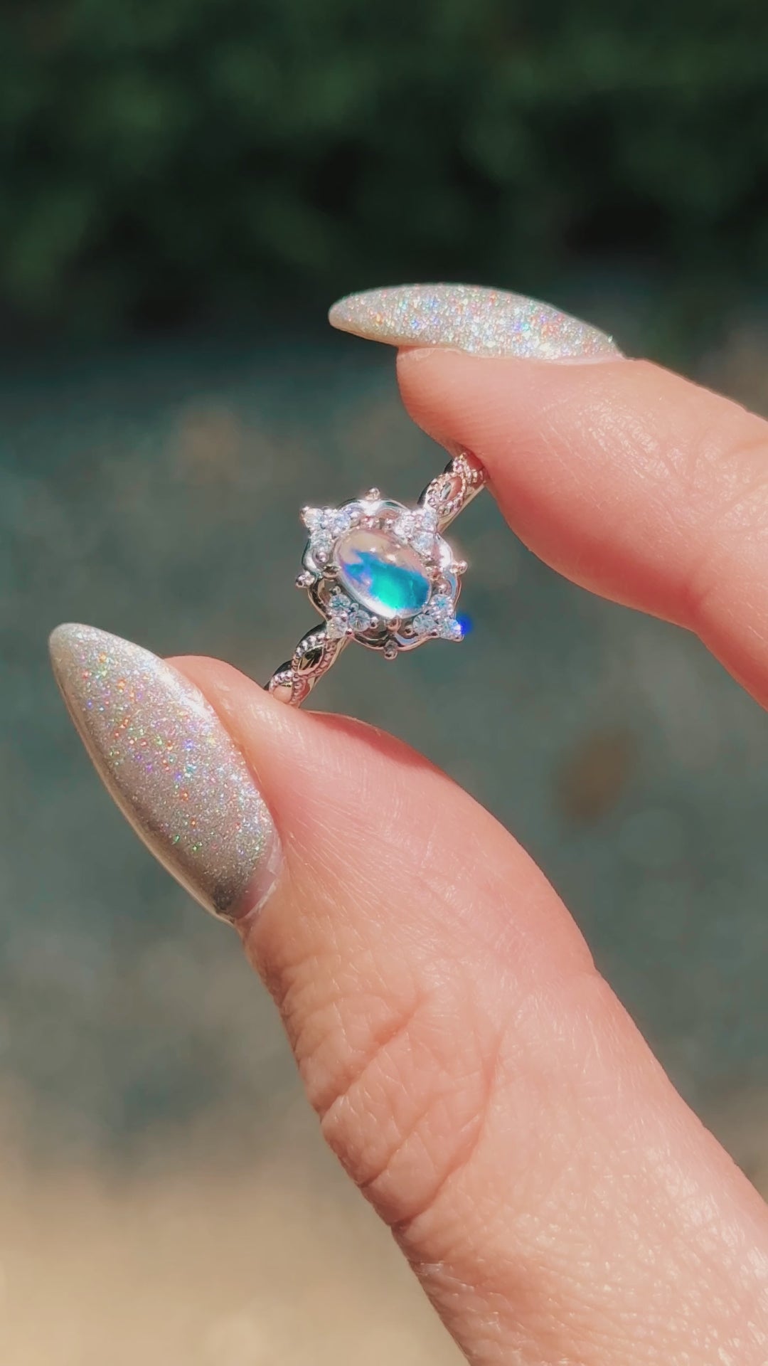 Claire Rainbow Moonstone Engagement Ring in 14K White Gold