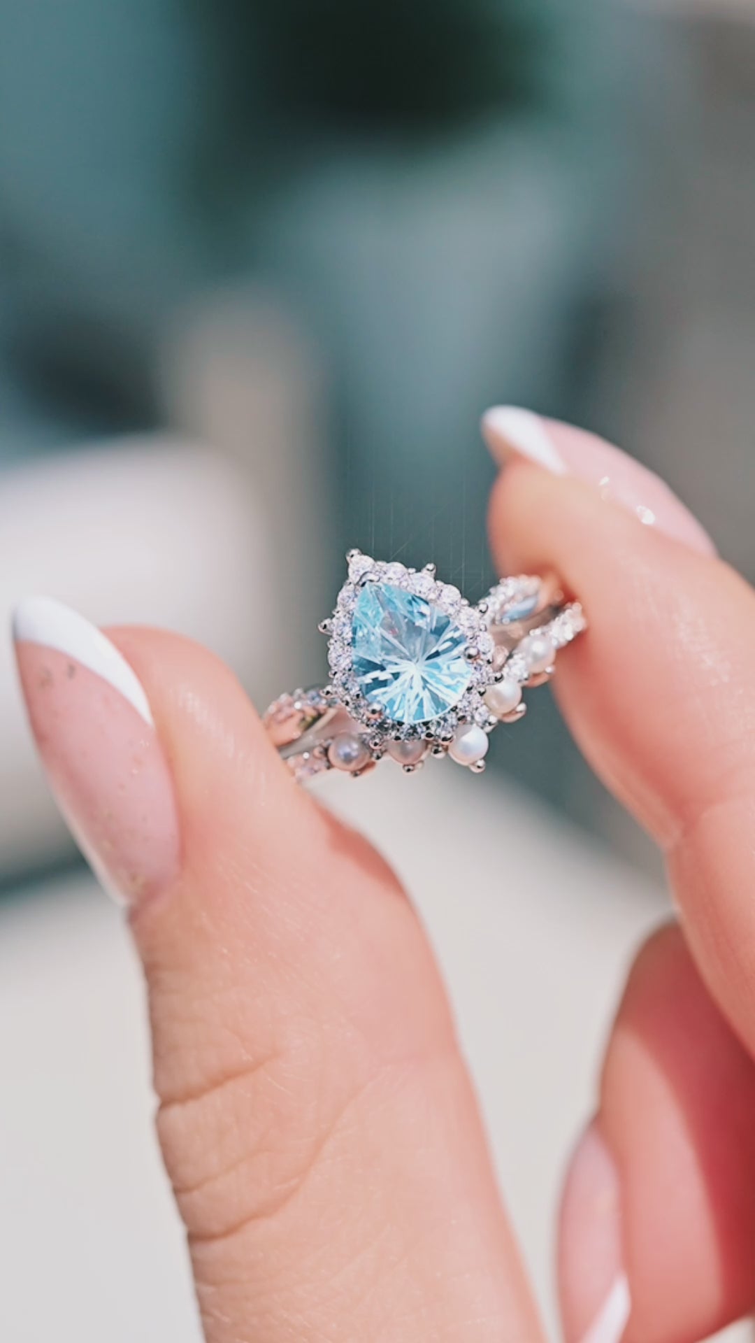 Briar Aquamarine & Pearl Engagement Ring Set- 14K White Gold