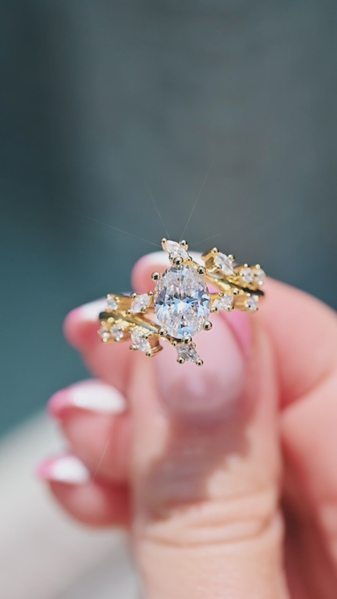 Simulated Diamond Leaf Engagement Ring in 14K Yellow Gold Vermeil
