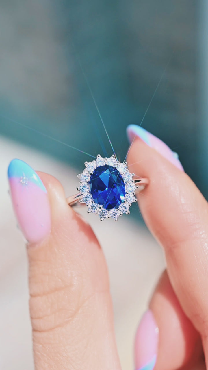 Iconic Princess Diana Blue Sapphire Ring in Sterling Silver