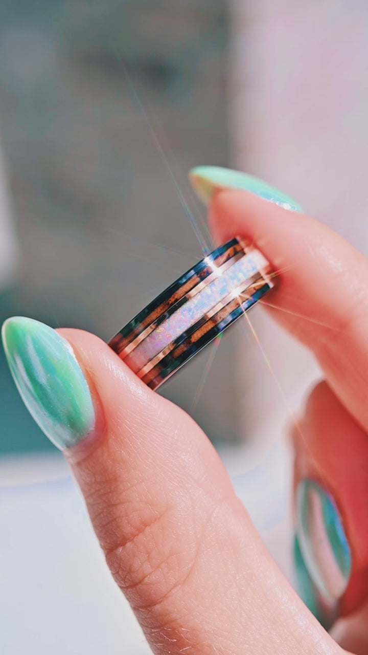 Whiskey Barrel and White Fire Opal Wedding Band in Tungsten (8mm)