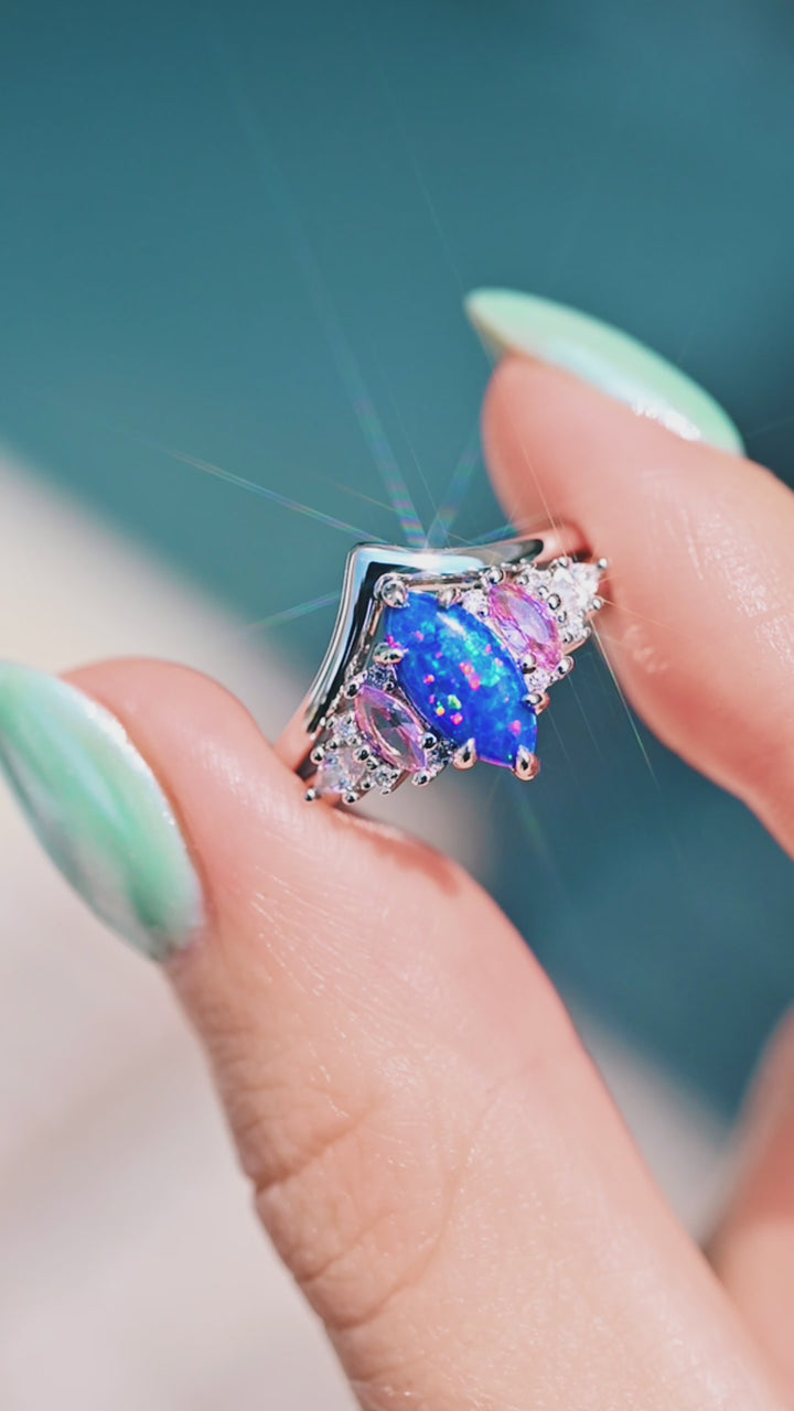 Emerie Blue Fire Opal & Pink Sapphire Ring Set-  Sterling Silver