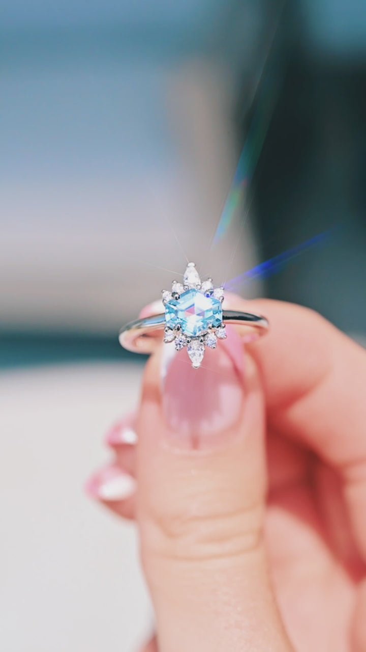 Hexagon Aquamarine Ring- Sterling Silver