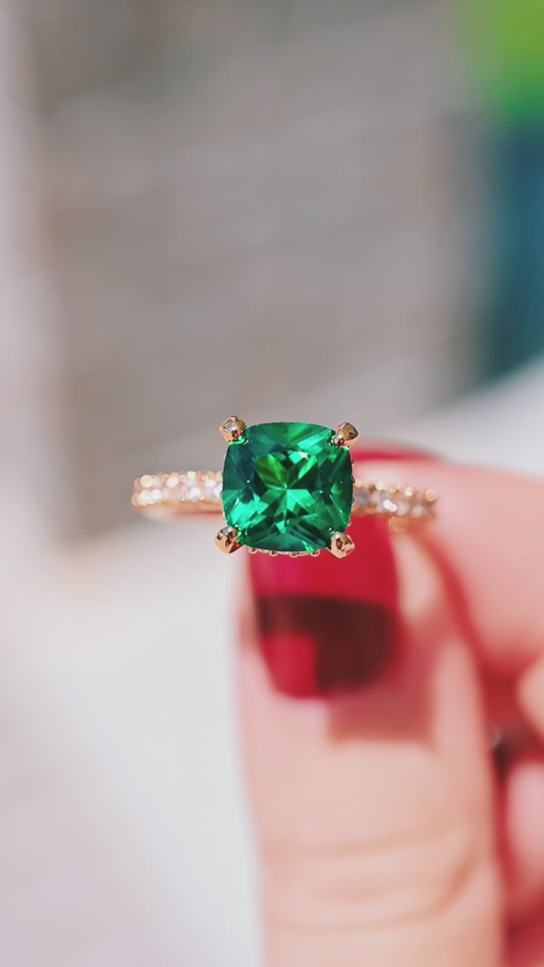 Cushion Cut Emerald Engagement Ring in 14K Yellow Gold Vermeil