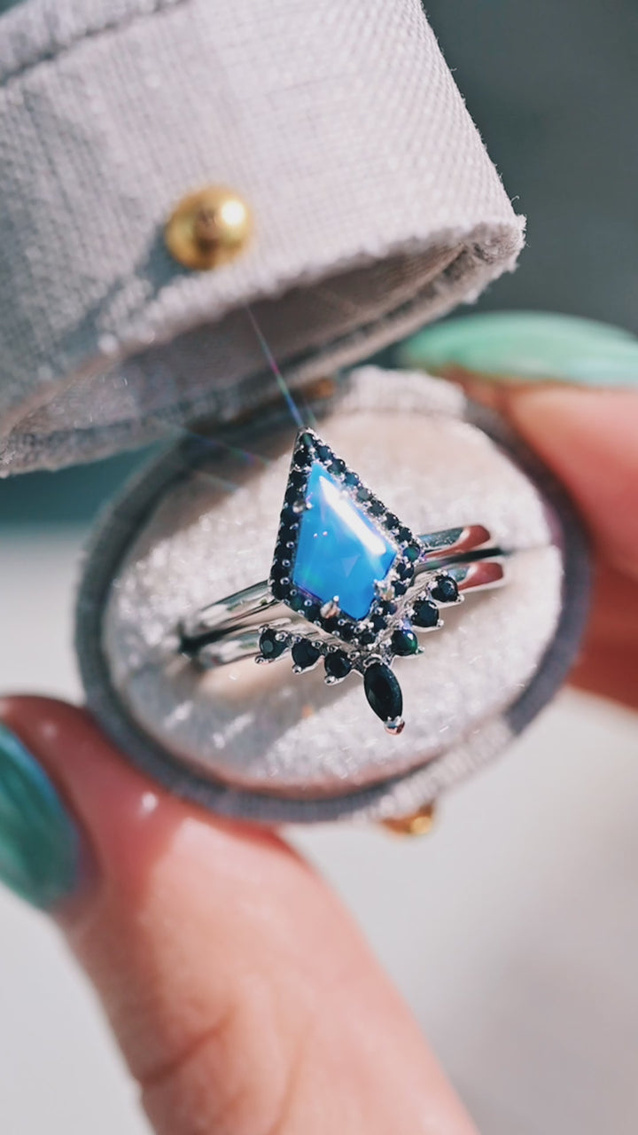Opalescent Blue Sapphire & Black Onyx Ring Set- Sterling Silver