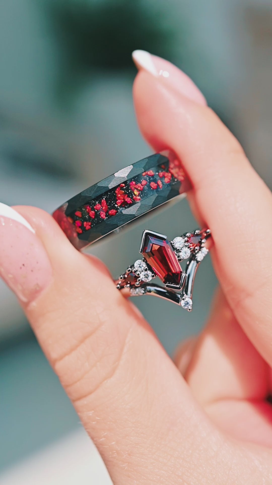 Coffin Kite Natural Red Garnet Ring Set- Black Rhodium Filled
