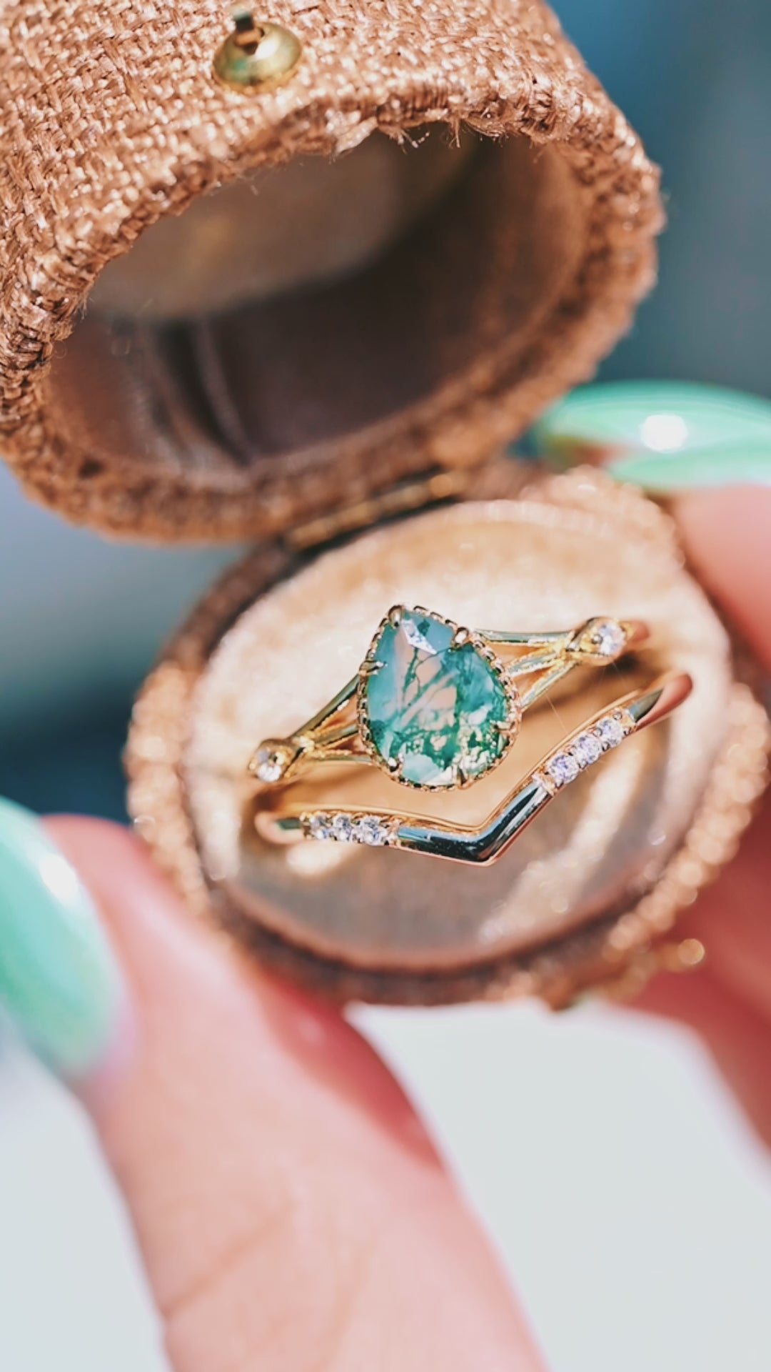 Celtic Green Moss Agate Ring Set- 14K Solid Yellow Gold