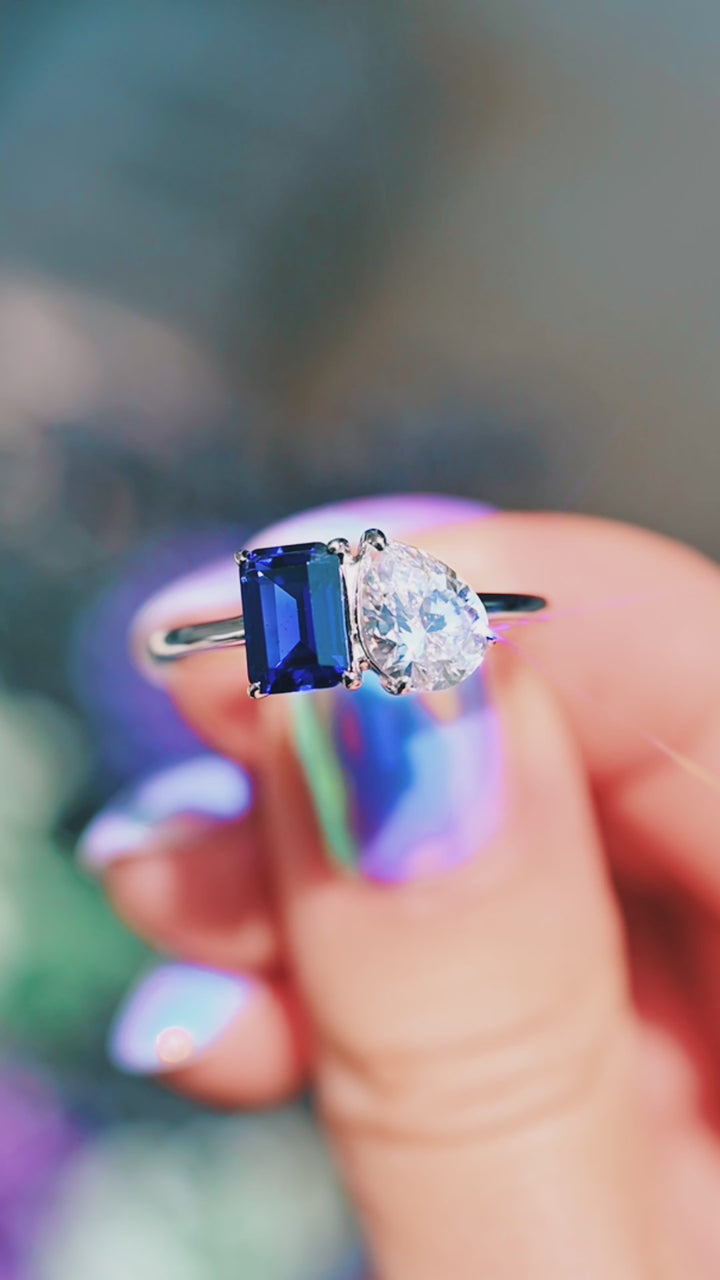 Toi Et Moi Blue Sapphire and Moissanite Engagement Ring in 14K White Gold