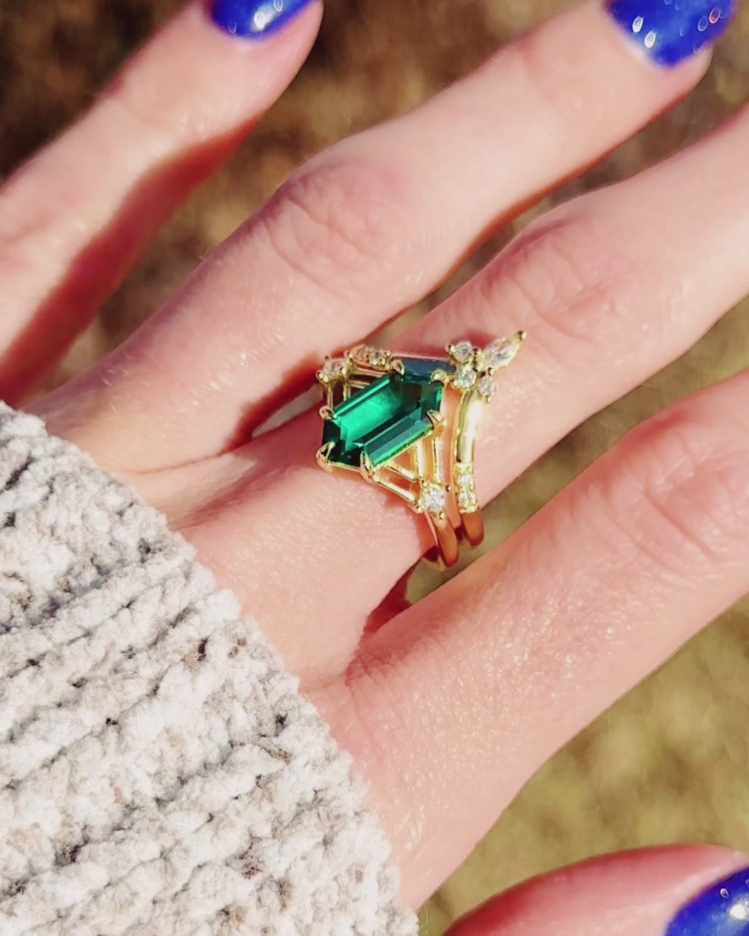 Celtic Hexagon Emerald Ring Set- 14K Solid Yellow Gold