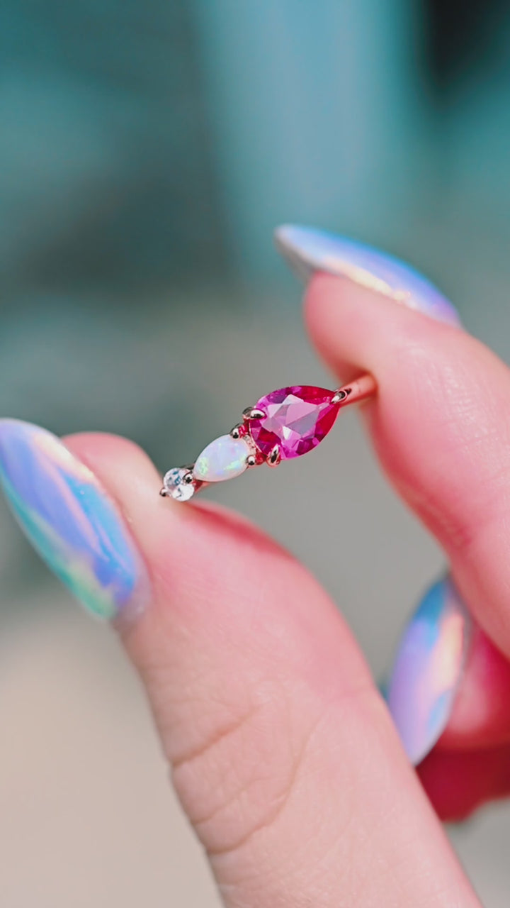 Pear Cut Ruby & Australian Opal Ring- 14K Rose Gold Vermeil