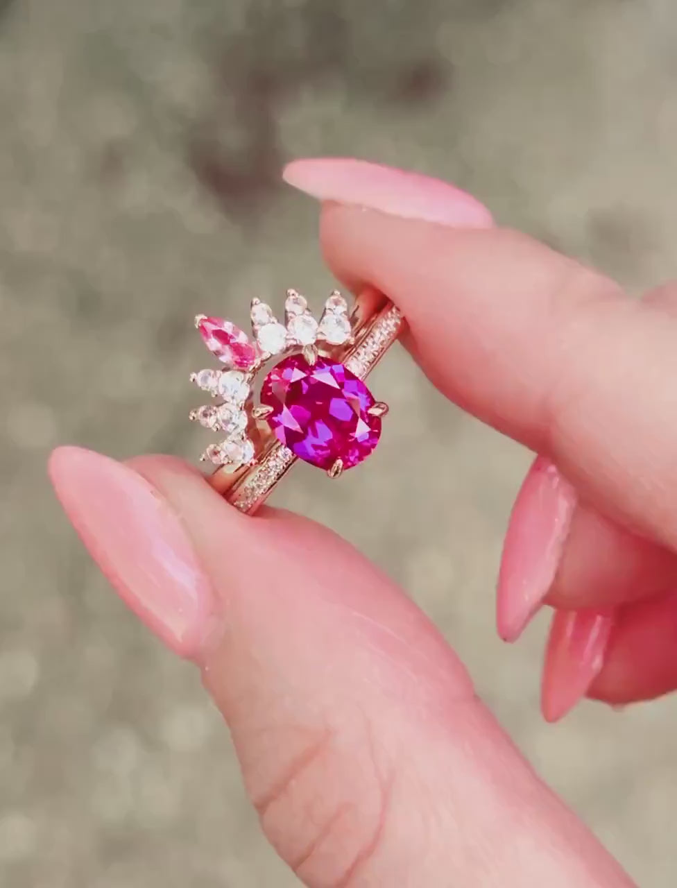 Video of a ruby tiara wedding band by Aquamarise, shown in motion