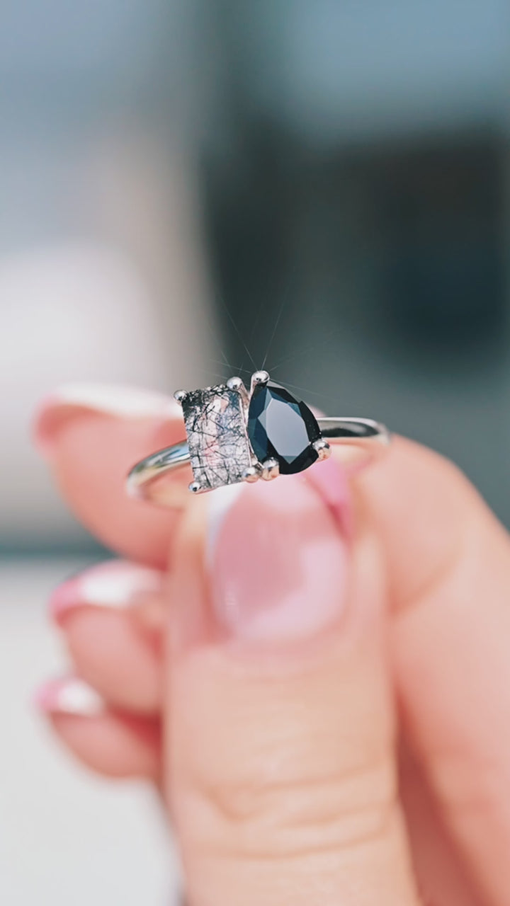 Toi Et Moi Rutilated Quartz & Black Onyx Ring- 14K White Gold