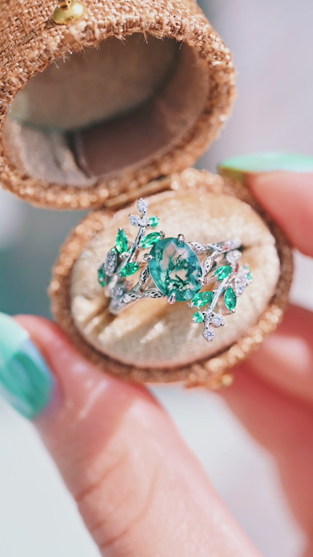 Green Moss Agate & Emerald Fairy Leaf Ring Set in Sterling Silver