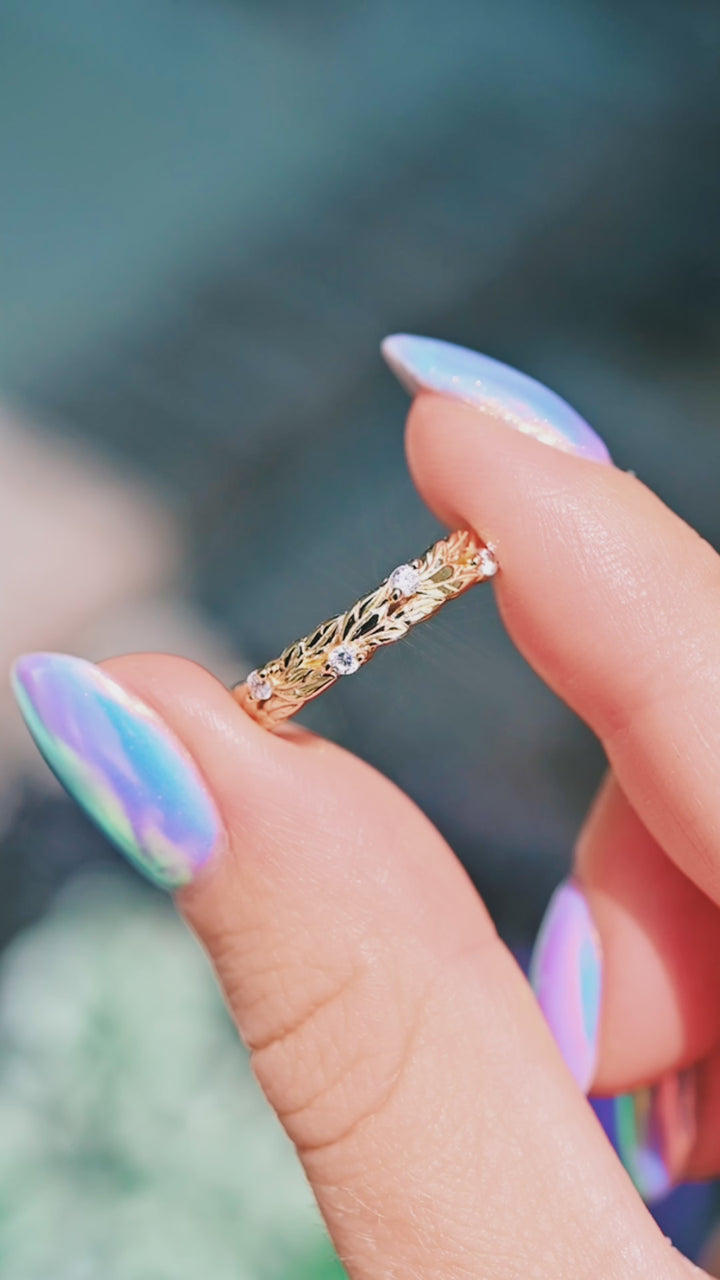 Leaf Wedding Band- 14K Yellow Gold Vermeil