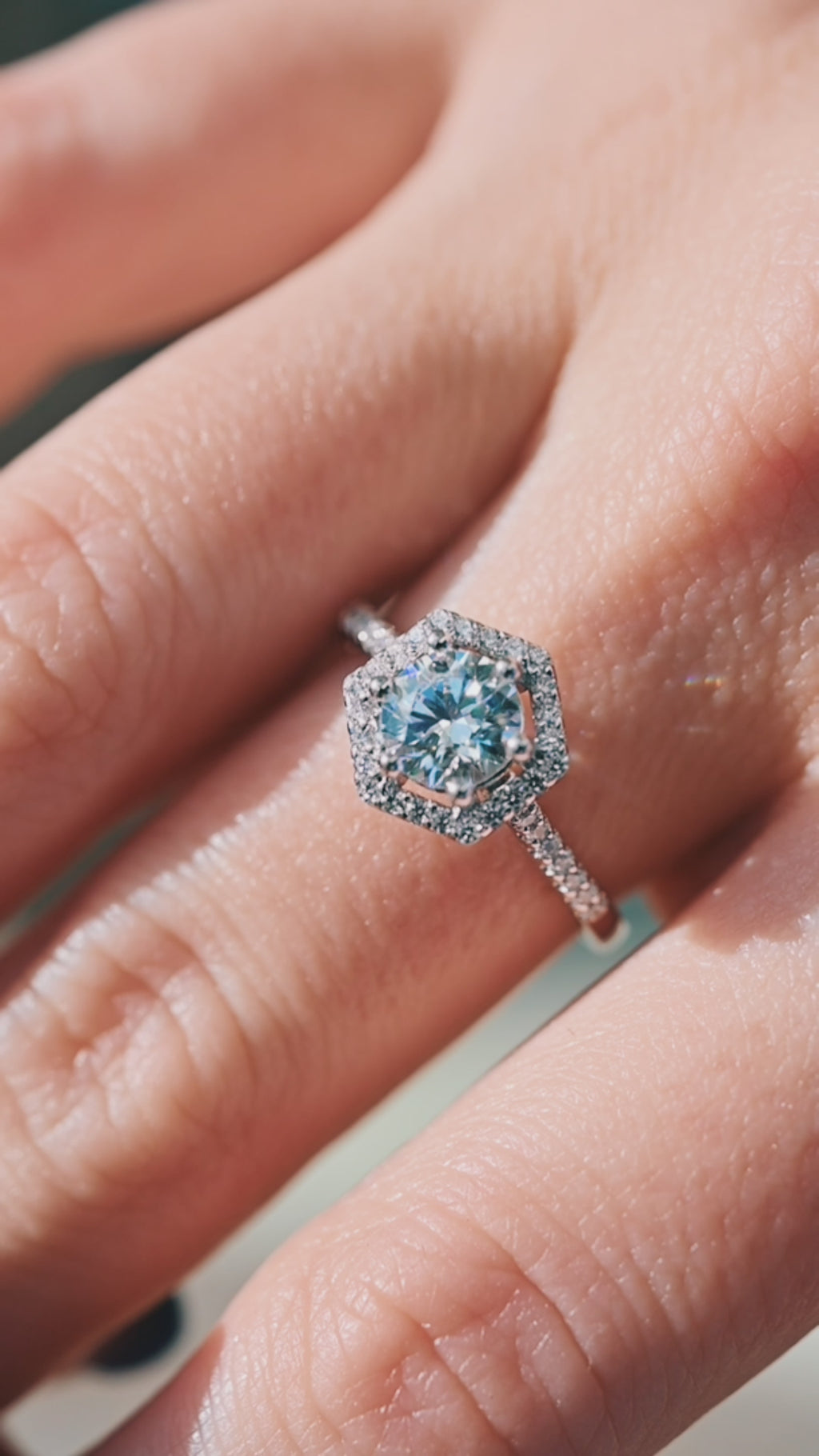 Video of a hexagon diamond ring by Aquamarise, shown sparkling in motion