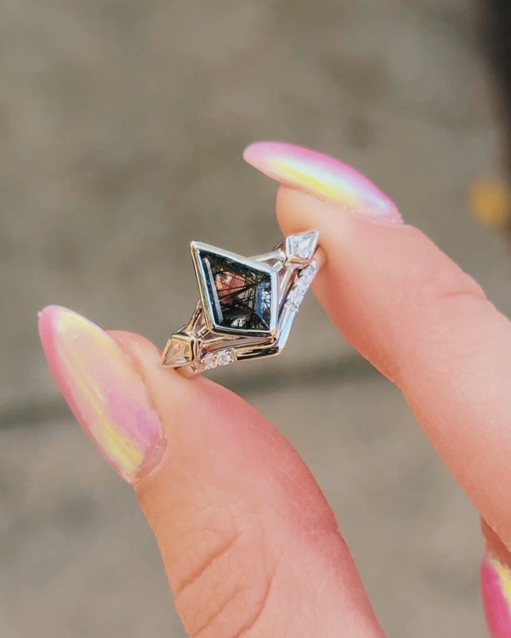 Celtic Kite Black Rutilated Quartz Ring Set- 925 Sterling Silver