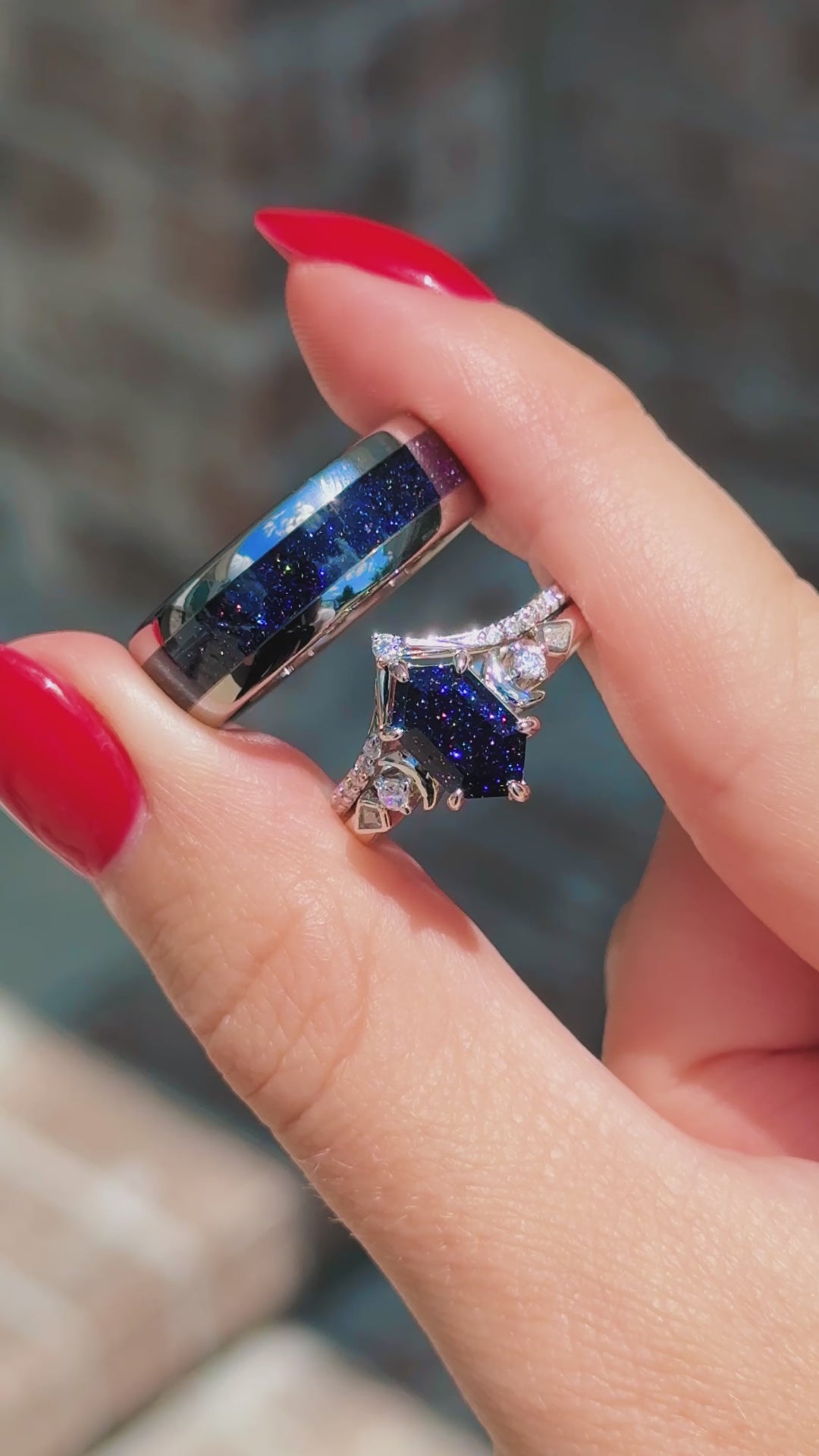 Elara Starry Night Crescent Moon Engagement Ring Set in Sterling Silver