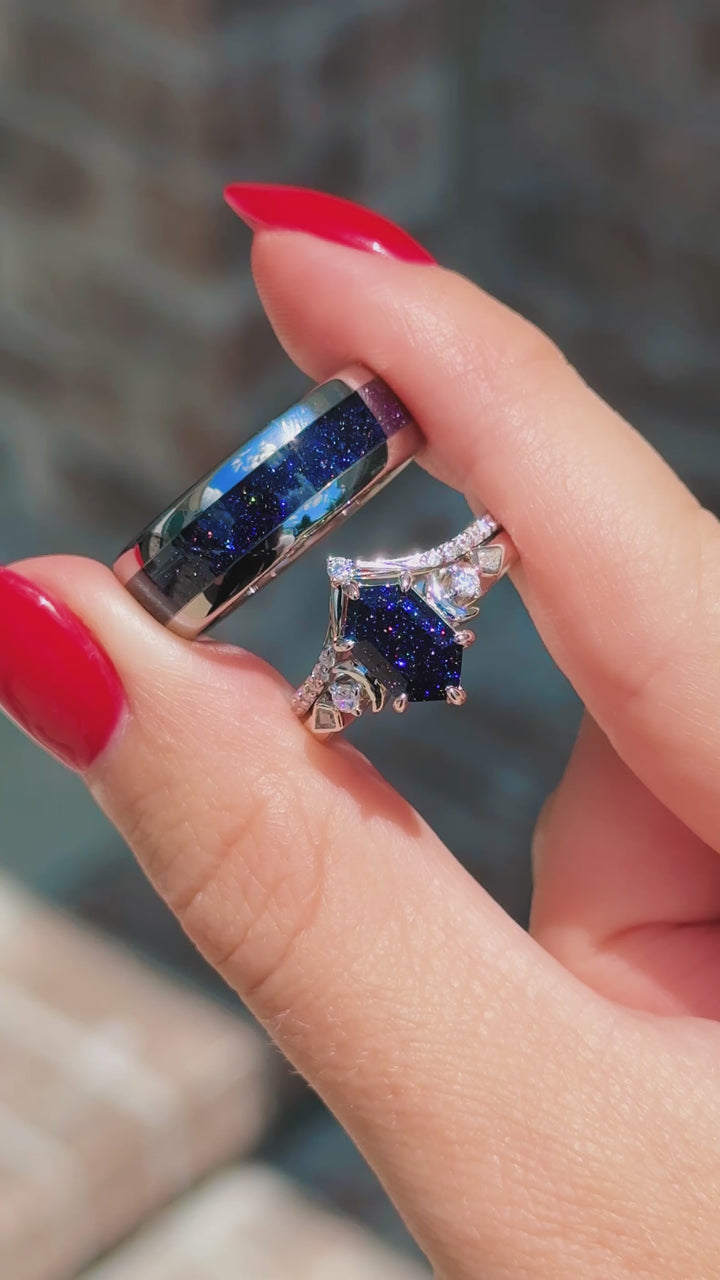 Elara Starry Night Crescent Moon Engagement Ring Set in Sterling Silver