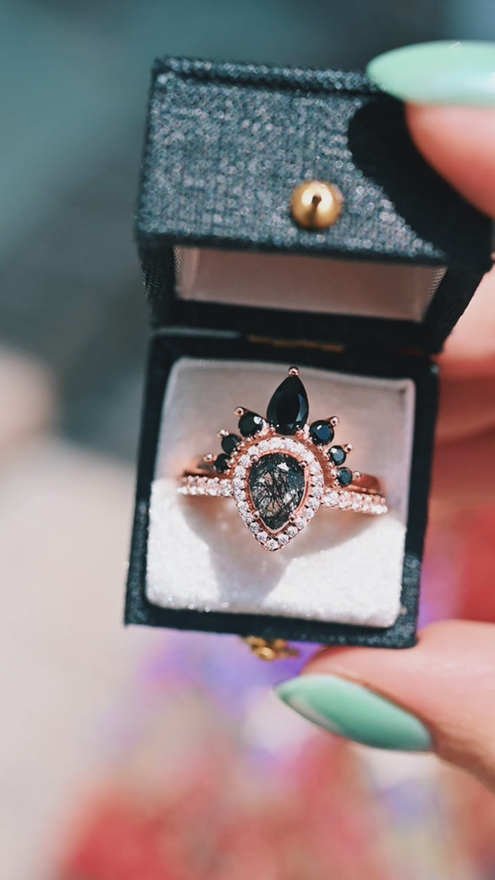 Amy Rutilated Quartz & Black Diamond (Onyx) Ring Set- 14K Rose Gold Vermeil