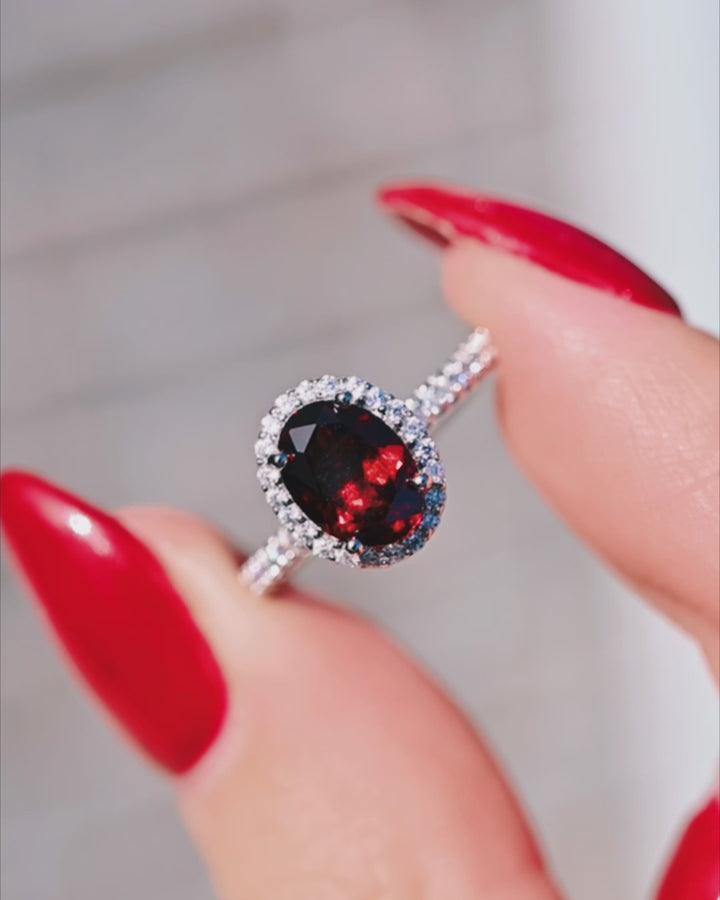 Iris Oval Red Garnet Engagement Ring- 14K White Gold