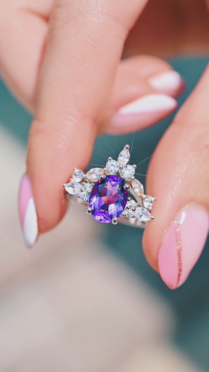 Evelyn Natural Amethyst Bridal Ring Set in Sterling Silver
