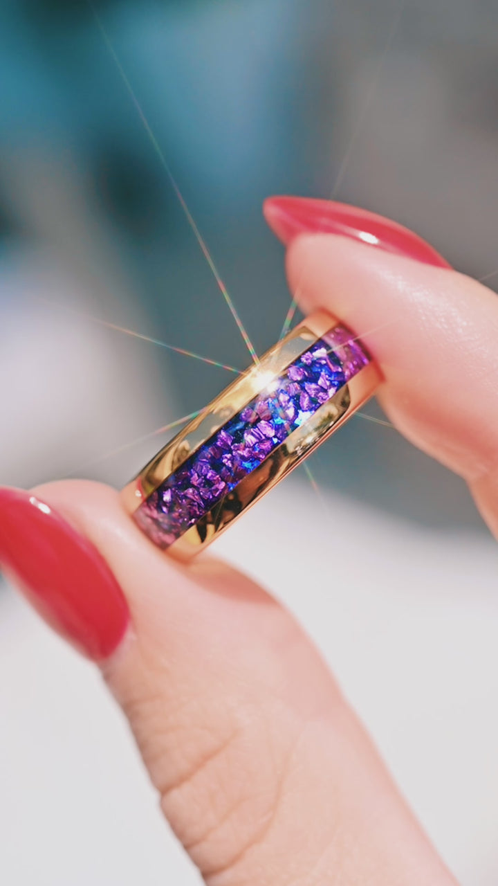 Crushed Amethyst and Galaxy Fire Opal Wedding Band in Yellow Gold Tungsten (8mm)