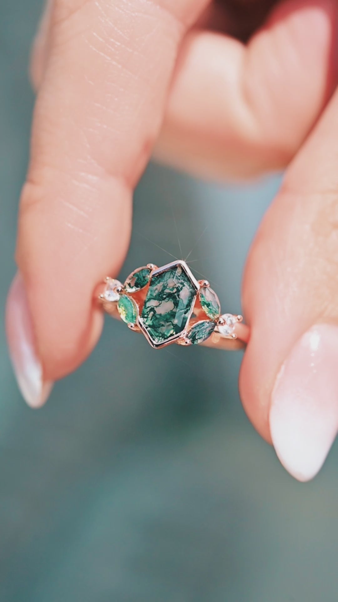 Hexagon Moss Agate Leaf Engagement Ring in 14K Solid Rose Gold