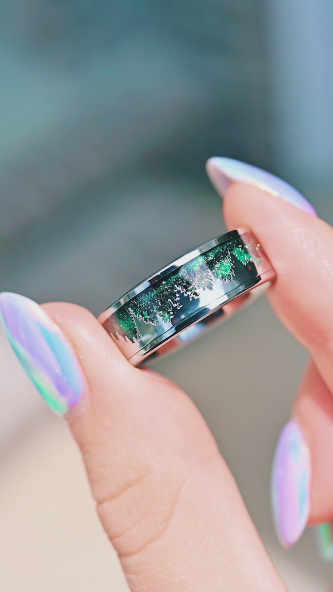 Northern Lights Starry Night Wedding Band in Tungsten (8mm)