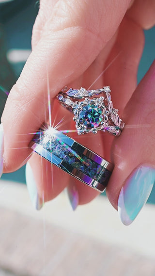 Mystical Fairy Rainbow Moissanite couples ring set Aquamarise