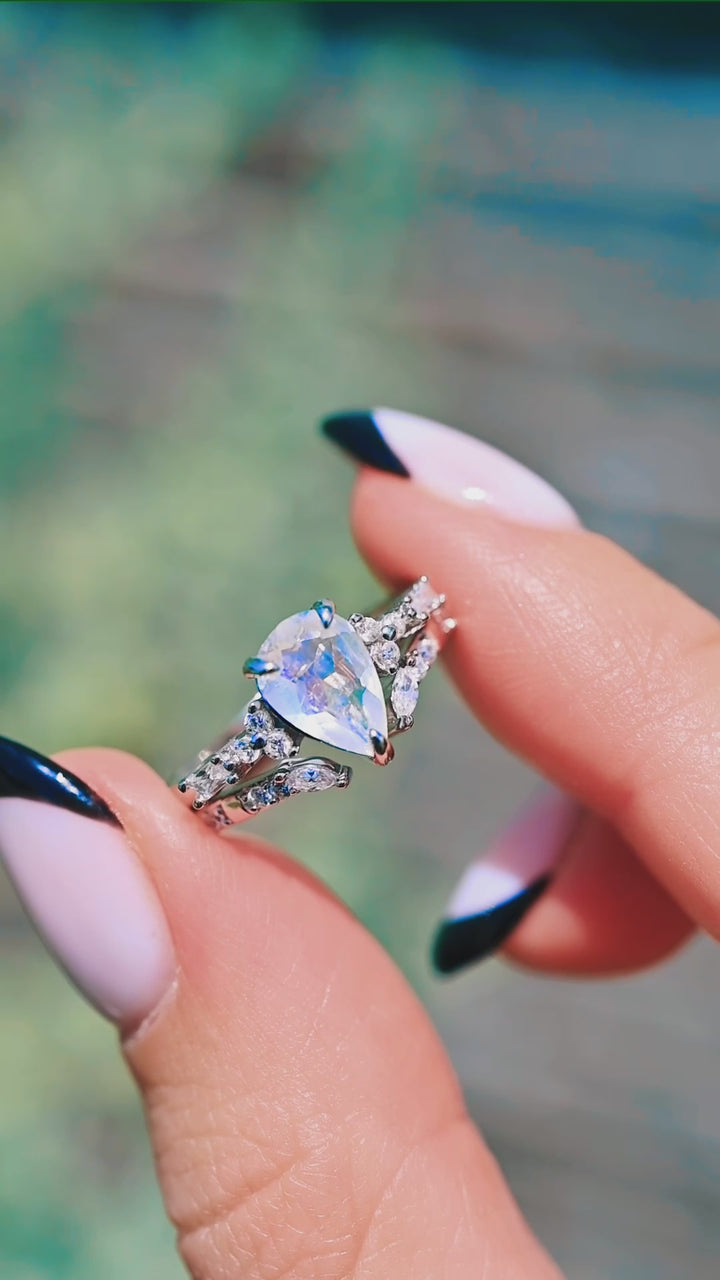 Teardrop Natural Moonstone Ring Set- 14K White Gold