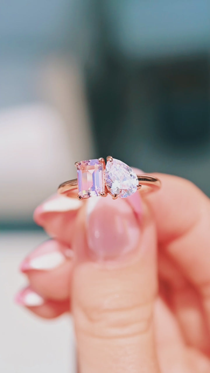 Toi Et Moi Morganite and Moissanite Ring- 14K Solid Rose Gold