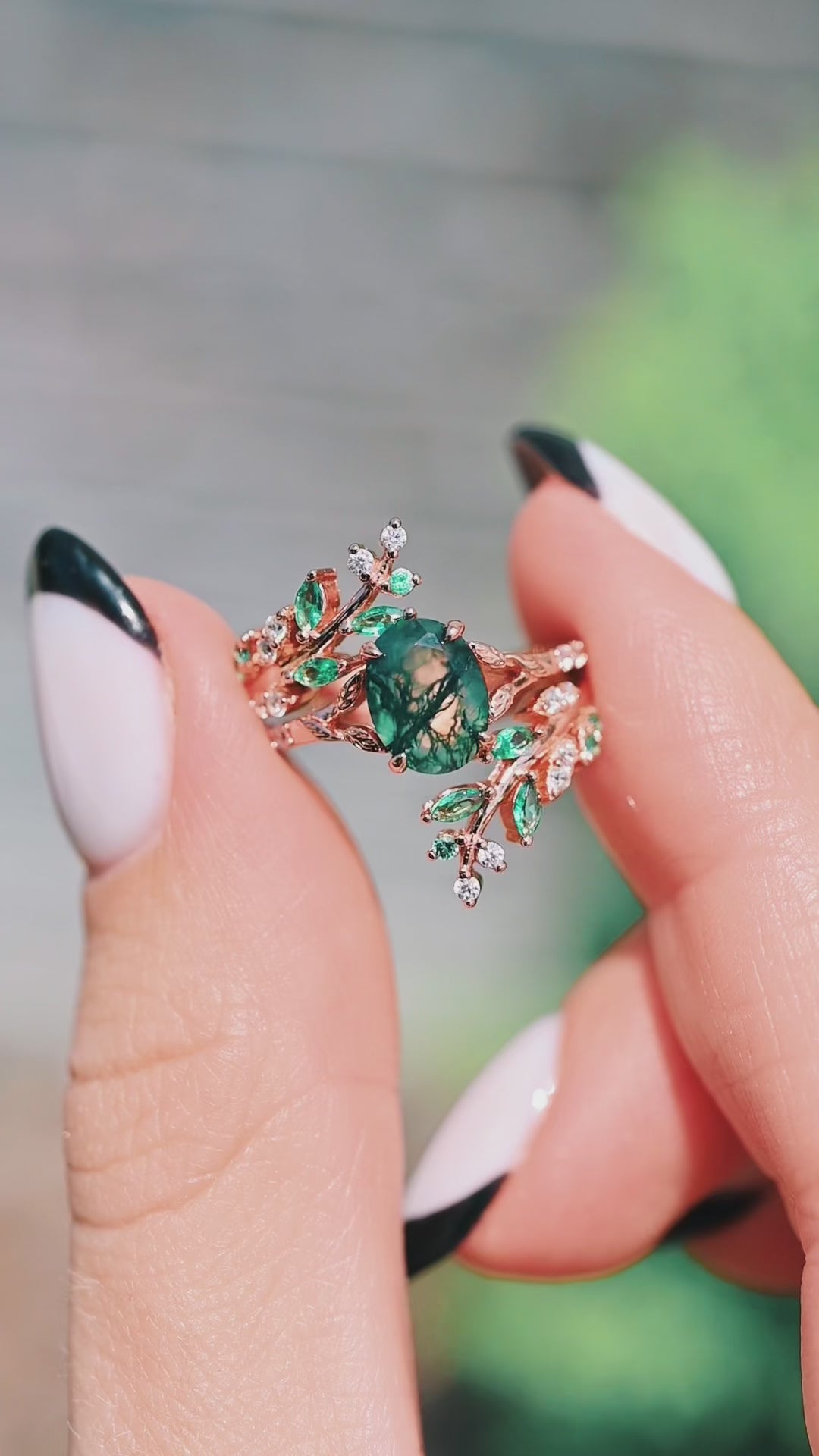 Moss Agate & Emerald Fairy Leaf Ring- 14K Rose Gold Vermeil