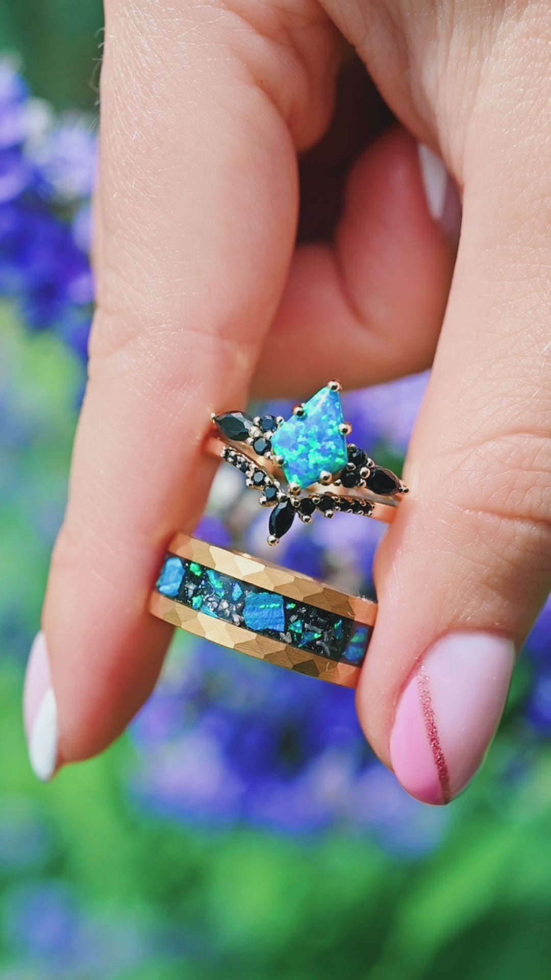 Skye Kite®  Blue Fire Opal & Black Onyx Ring Set- 14K Yellow Gold Vermeil