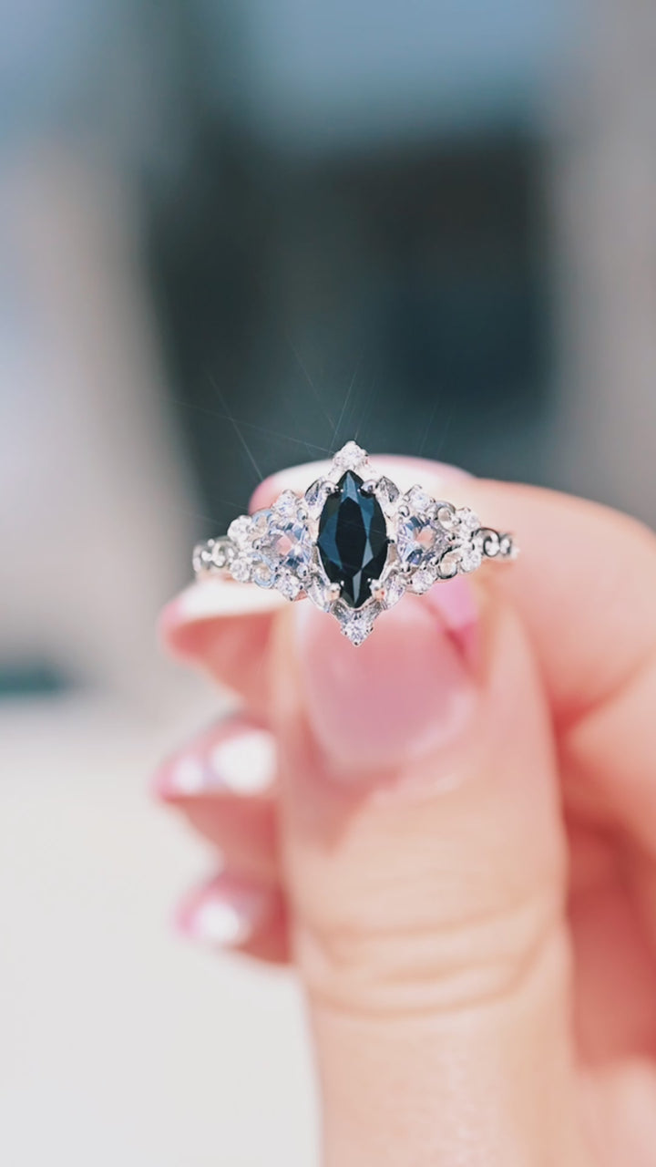 Elain Black Onyx Dark Fairy Leaf Ring in Sterling Silver