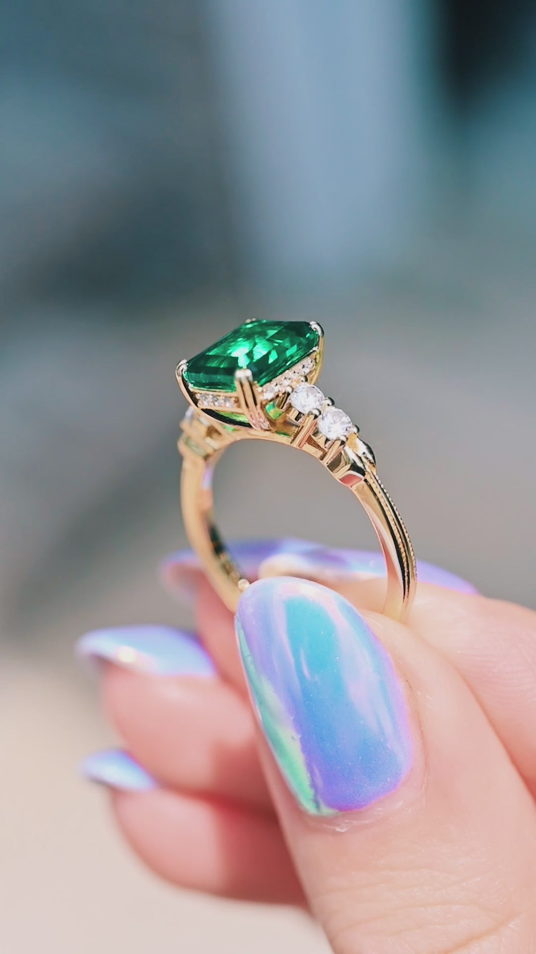 Emerald Engagement Ring in 14K Solid Yellow Gold (Hidden Halo)