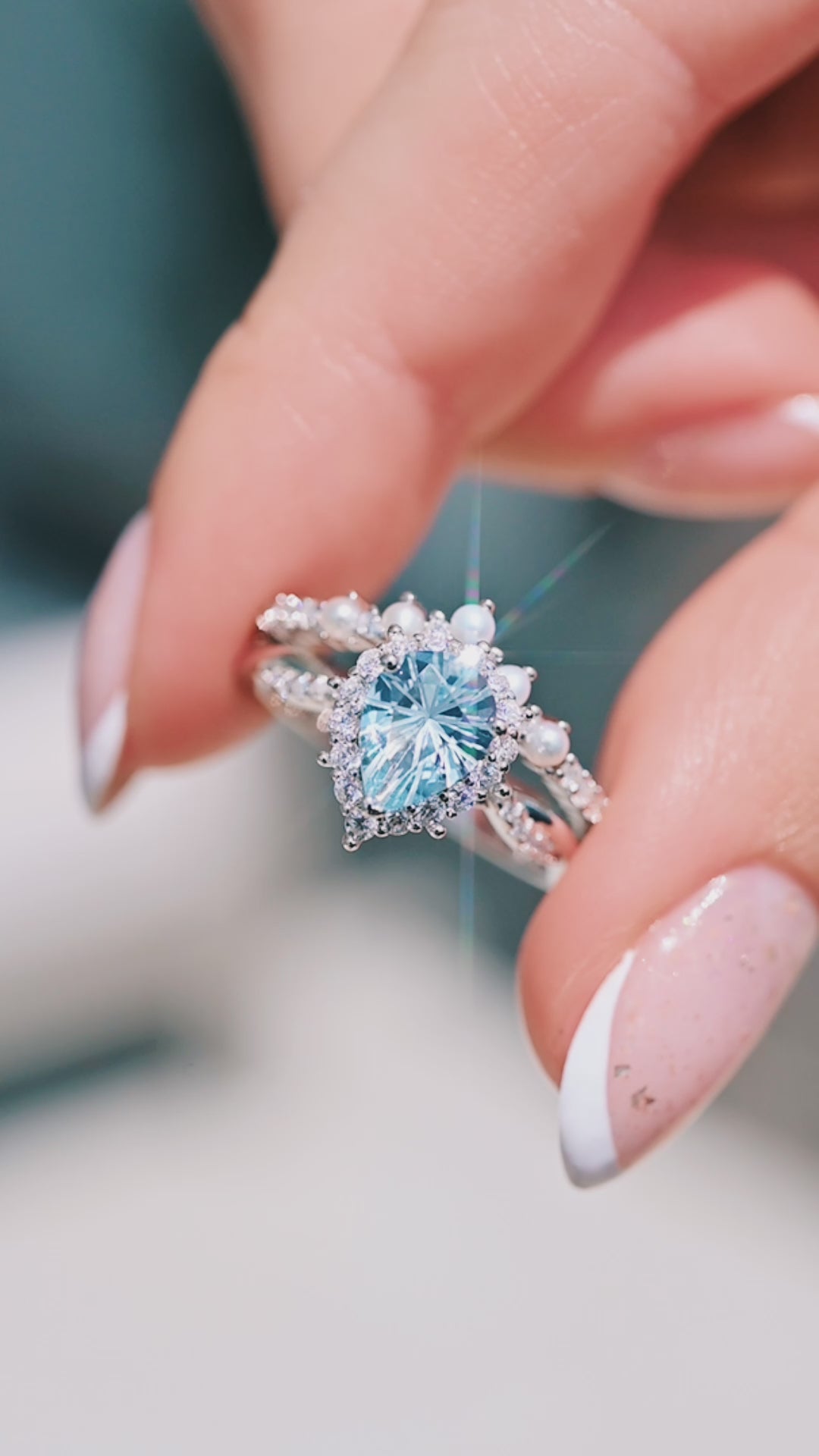 Briar Aquamarine & Pearl Engagement Ring Set- 14K White Gold
