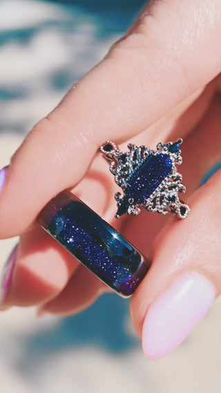 Ravenna Hexagon Starry Night and Black Onyx Engagement Ring in Black Ruthenium, video of the ring worn on the hand