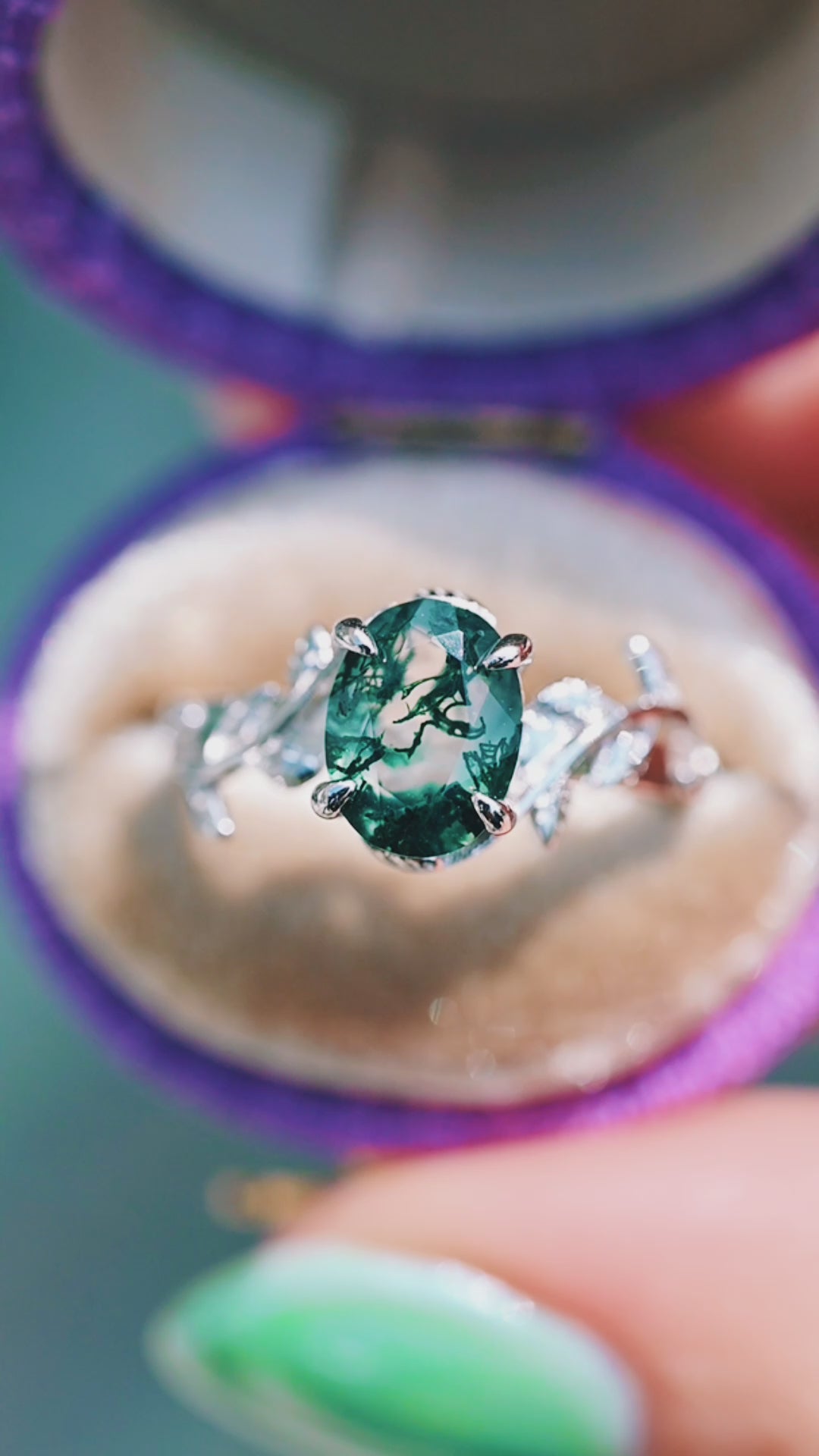 Natural Green Moss Agate Leaf Engagement Ring in Sterling Silver