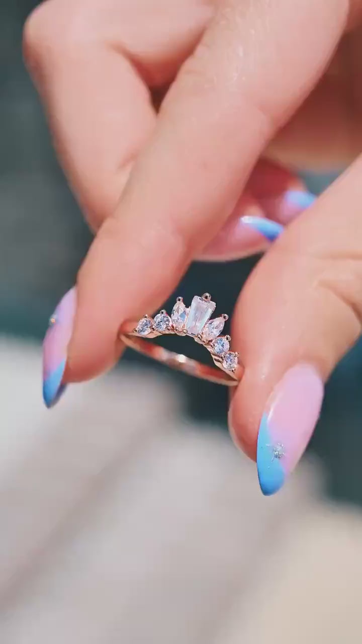 Video of the Baguette & Marquise Contour Stacking Ring in 14K Rose Gold Vermeil by Aquamarise, shown in motion