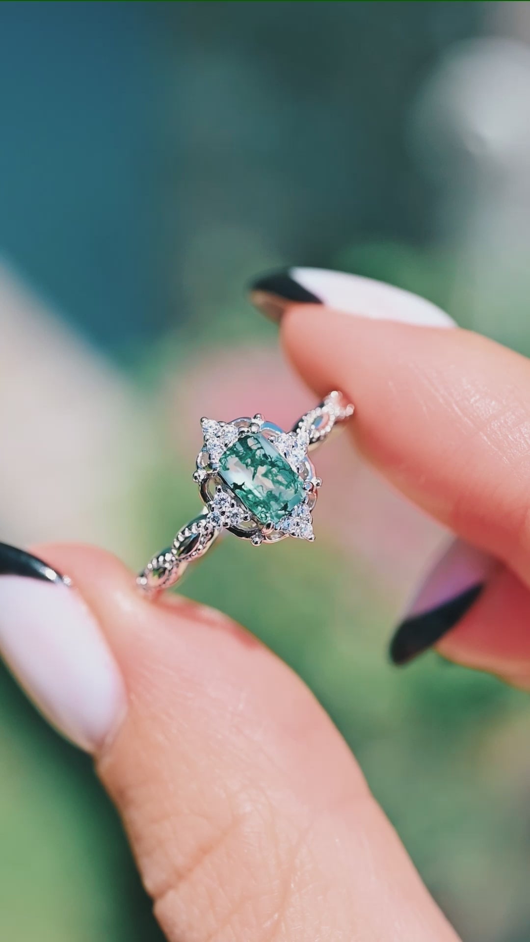 Claire Green Moss Agate Engagement Ring in 14K White Gold